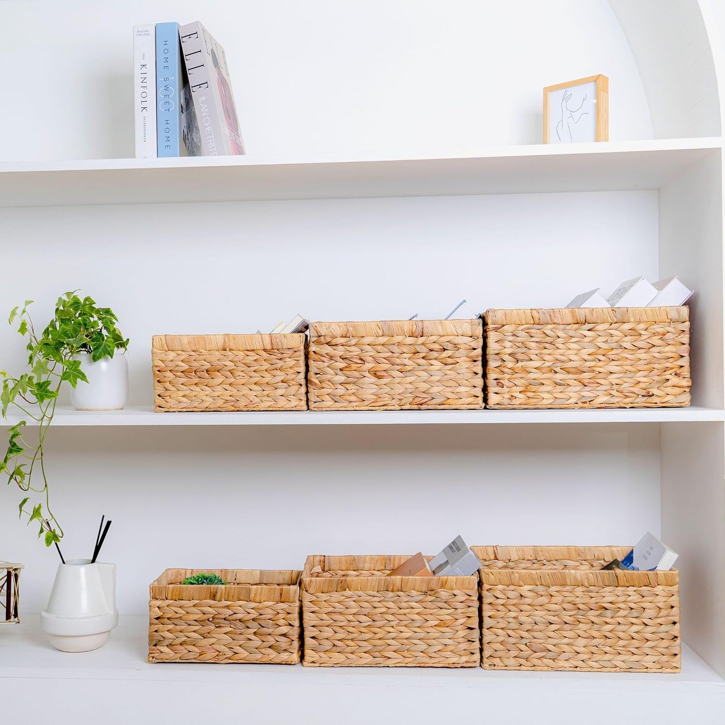 M4DECOR Set of 6 Rectangular Wicker Storage Baskets for Shelves