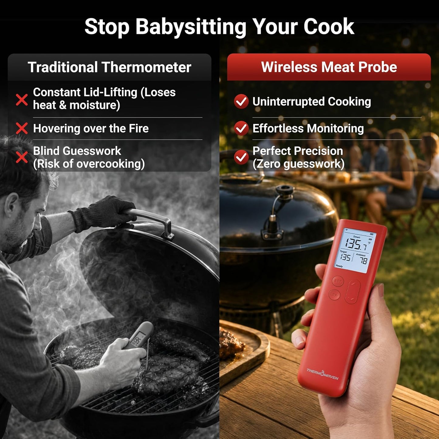 ThermoMaven Smart Bluetooth Wireless Meat Thermometer, 10X Enhanced Sub-1G Signal and Stability, Standalone Display Base, Certified Accuracy ±0.5°F, WiFi Unlimited Range for BBQ, Oven, Smoker, Grill