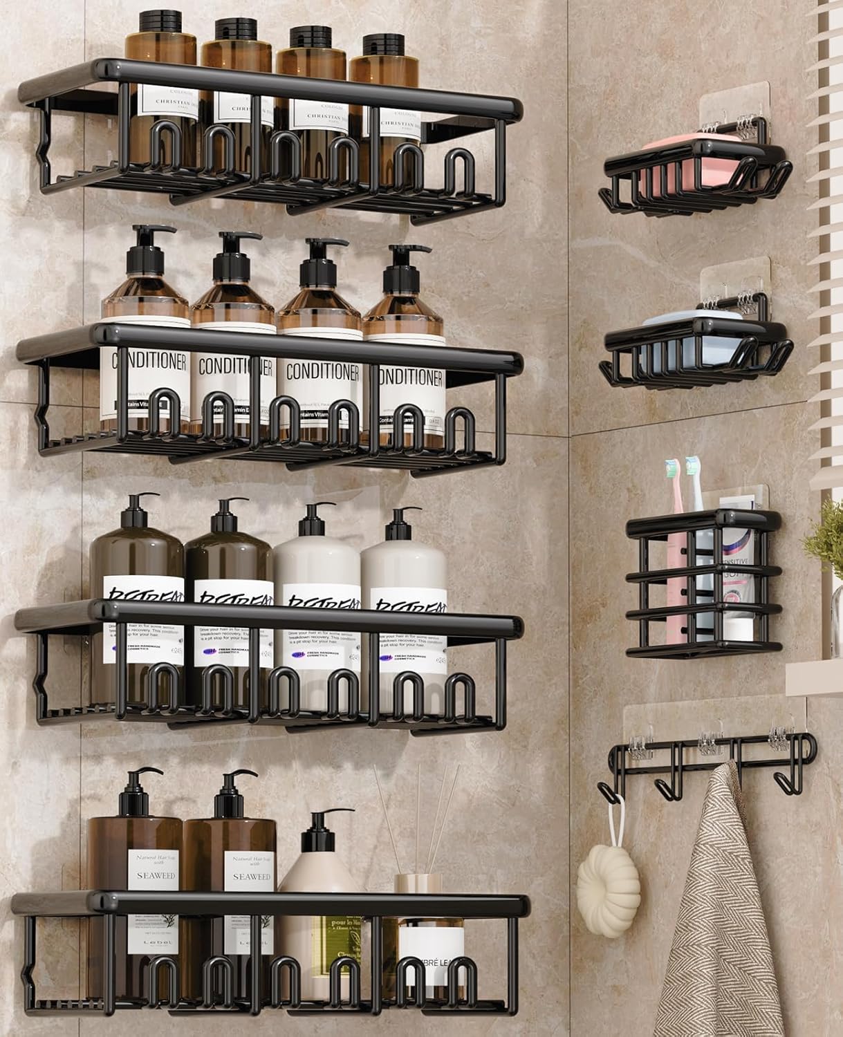 8 Pack Adhesive Rustproof Shower Caddy with Soap Dishes, Toothbrush Holder & Hooks, Large Capacity No-Drilling Shower Shelves Rack for Bathroom Organizers and Storage Accessories, Black