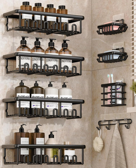 8 Pack Adhesive Rustproof Shower Caddy with Soap Dishes, Toothbrush Holder & Hooks, Large Capacity No-Drilling Shower Shelves Rack for Bathroom Organizers and Storage Accessories, Black