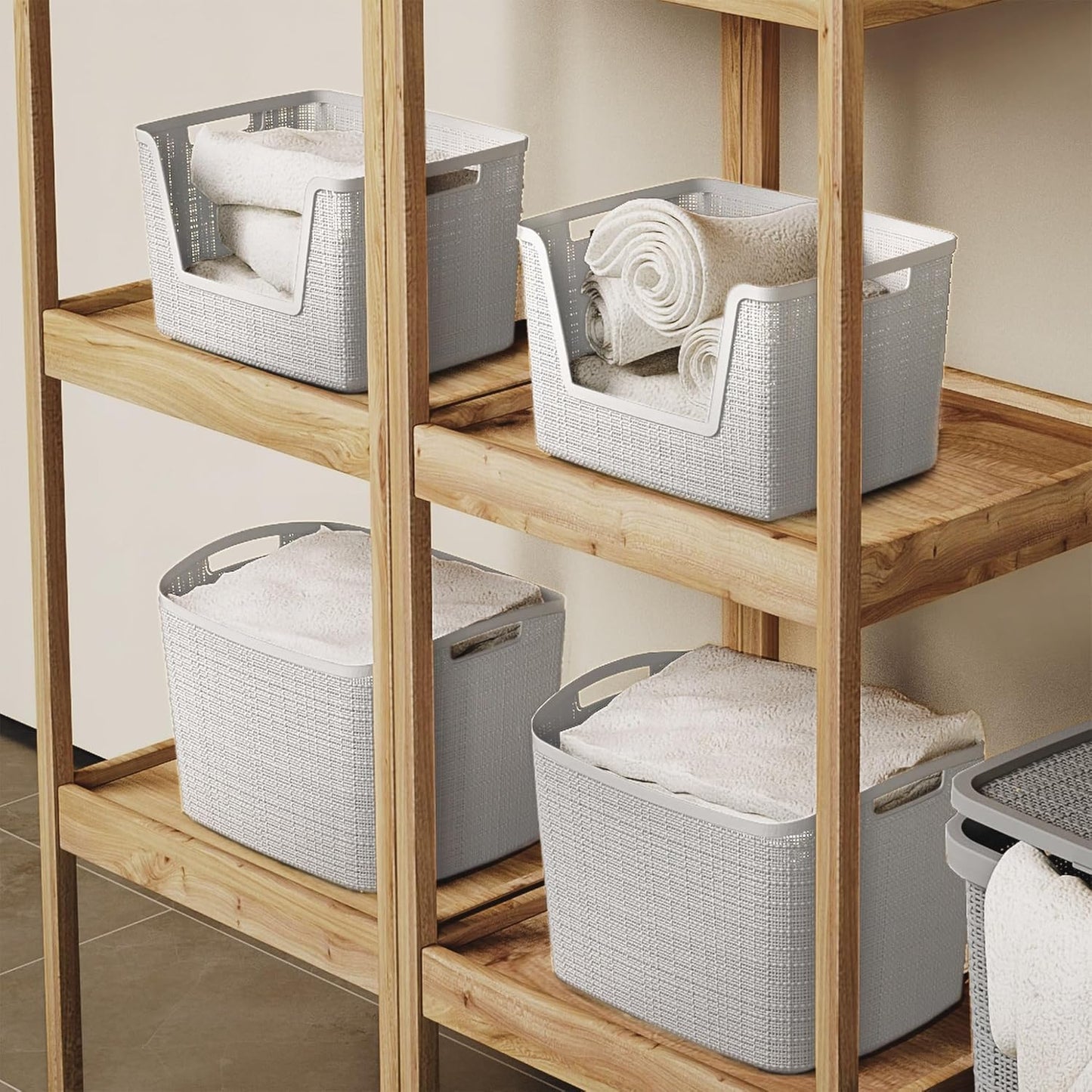 Curver Set of 2 XL 30.5L Jute Decorative Plastic Organization and Storage Baskets - Perfect Bins for Home Office, Closet Shelves, Kitchen Pantry and All Bedroom Essentials, White