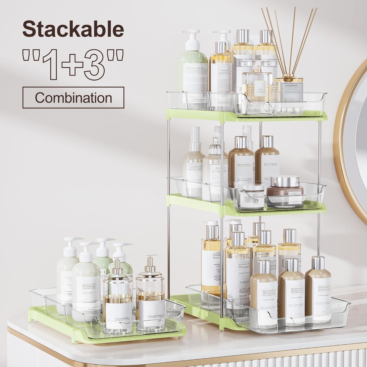 Delamu 2-Tier Multi-Purpose Bathroom Under Sink Organizers and Storage, Stackable Kitchen Pantry Organization, Pull Out Medicine Cabinet Organizer with Movable Dividers, Green, 2 Pack