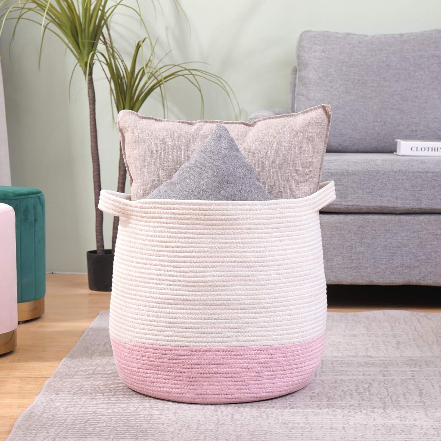 Large Cotton Rope Basket, Woven Storage Basket for Toy, Laundry and Blanket Organizer, Round Hamper Basket with Handles for Kid's Room 17.7"x16.9"