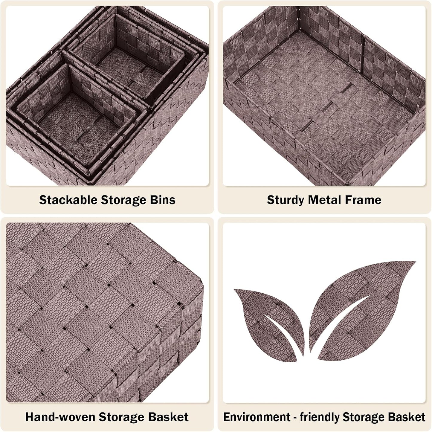 Storage Baskets: 6 Pack Stackable Woven Storage Bins, Brown