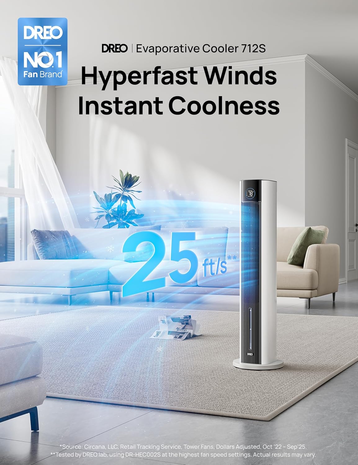 DREO Evaporative Air Swamp Cooler, 43" Cooling Fans that Blow Cold Air 2026 Upgraded, 80° Oscillating Floor Fan for Bedroom, Easy Cleaning, APP Control, Ice Packs, 4 Speeds & 4 Modes, 12H Timer, White