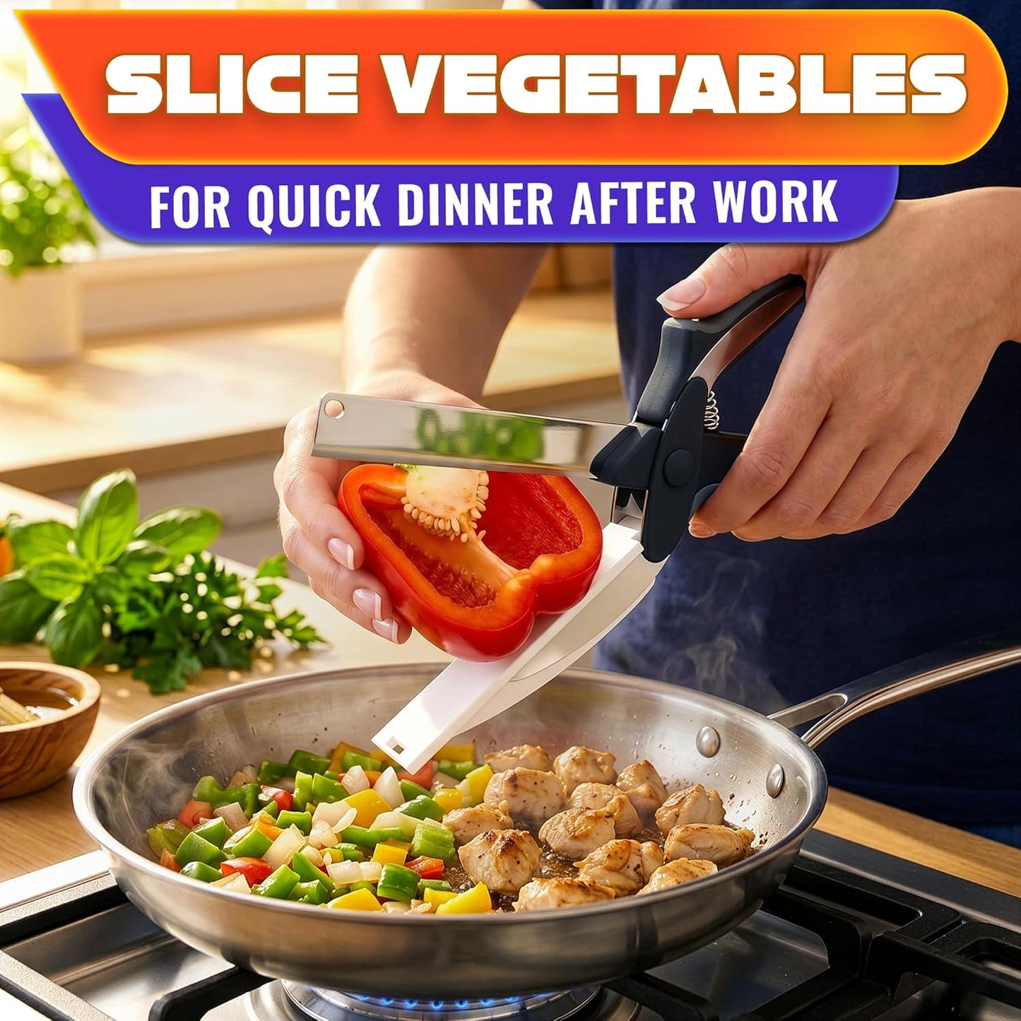 2 in 1 Kitchen Scissors for Food – Stainless Steel 9.5" Tomato Knife Chops Vegetables, Fruit, Cheese, Meat in Seconds | Dishwasher Safe Cutting Board Scissors with Safety Lock – Kitchen Gift for Dad