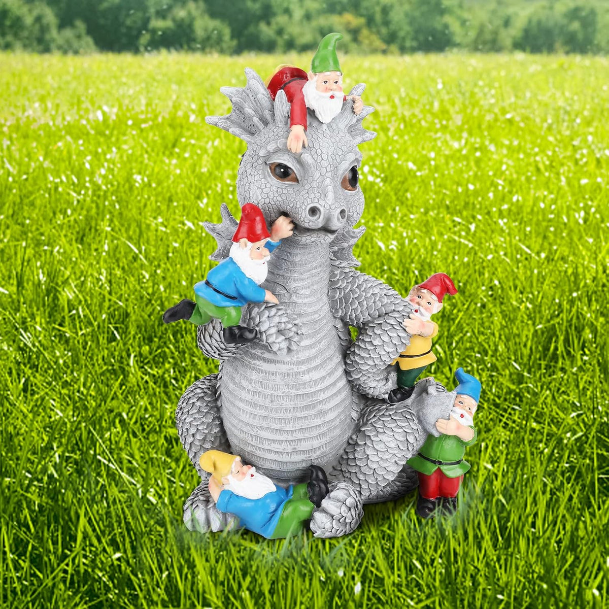 Dragon Garden Statue, Dinosaur Play with Gnomes Garden Statues, Garden Gift