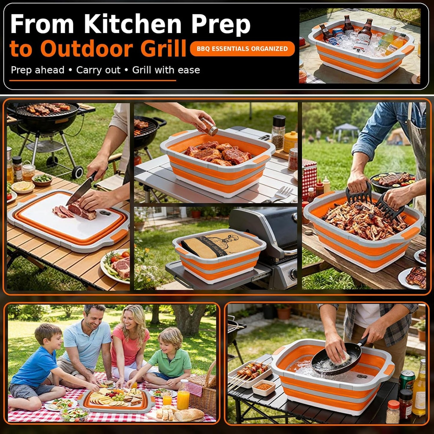 16L Collapsible BBQ Prep Tub with Locking Lid & Cutting Board - Marinade Container Grill Carry System for RV Picnic Tailgate - Portable Wash Basin for Kitchen Camping Sink - Gift for Men Women