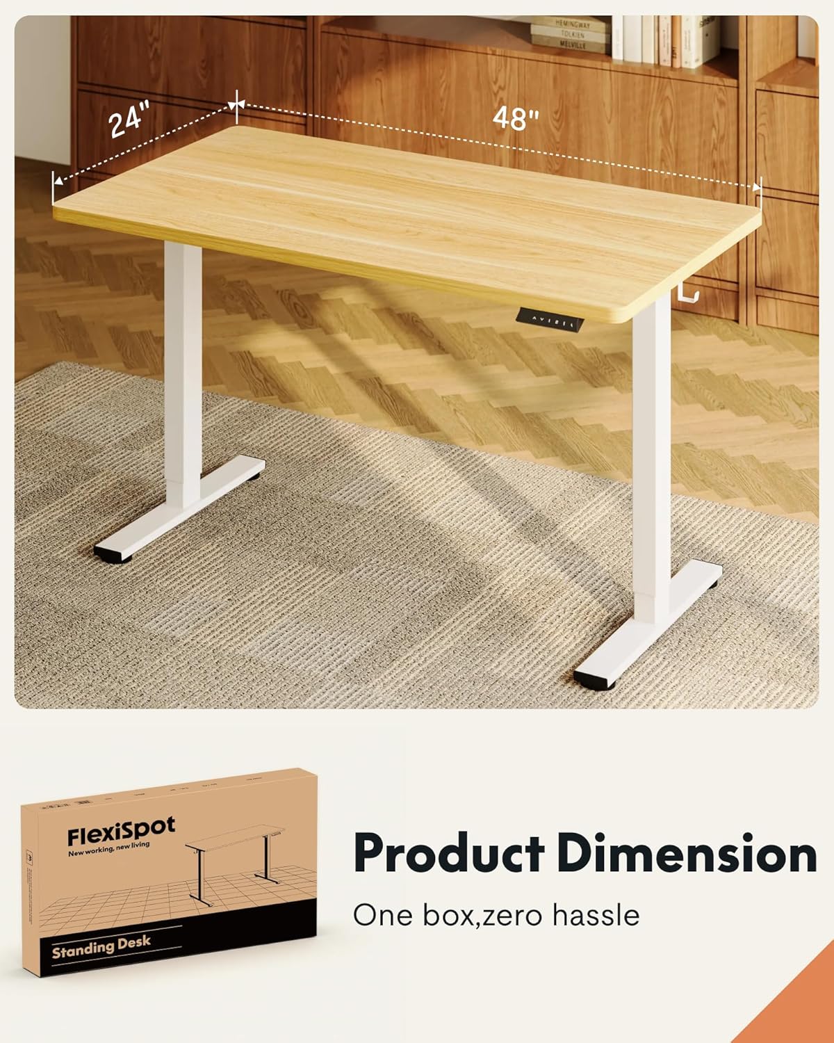 FLEXISPOT EN1 One-Piece Standing Desk, Electric Adjustable with 4 Memory Presets, 176 LBS Capacity, Stable & Quiet, Seamless Desktop for Home Office & Dual Monitors, 48"x24" Maple(White Frame)