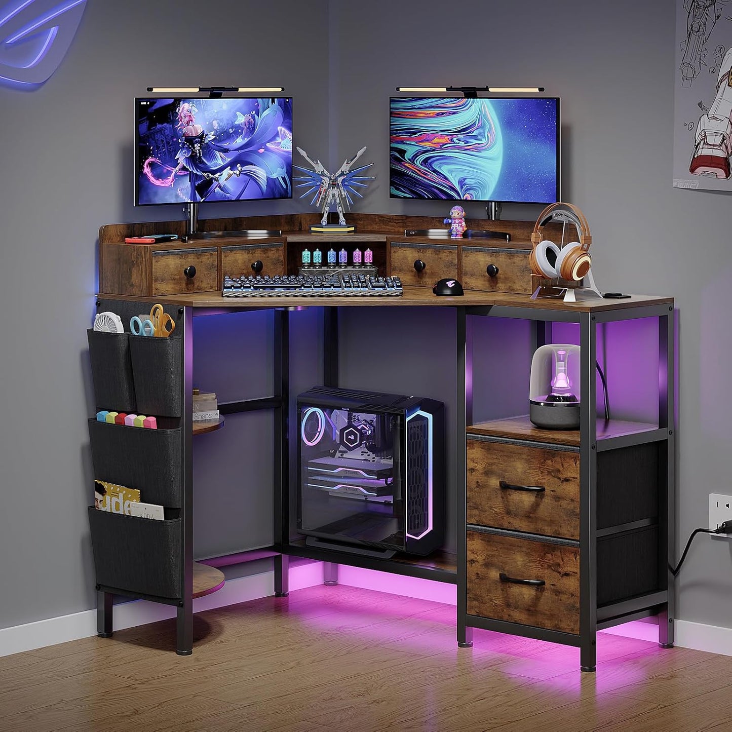 VENNQD Corner Desk with 6 Fabric Drawers Shelves for Small Space Computer Desk with Power Outlets,Gaming Desk with Printer Monitor Stand Storage for Home Office Workstation Writing Table Brown
