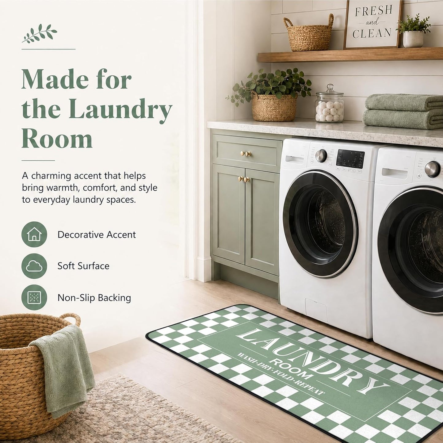 ROMAMIGO Laundry Room Rug Runner Non Slip Laundry Mats Mudroom Laundromat Runner Farmhouse Kitchen Floor Mat Bathroom Laundry Room Decor Accessories(20 X 47 inch, Green Checkerboard)