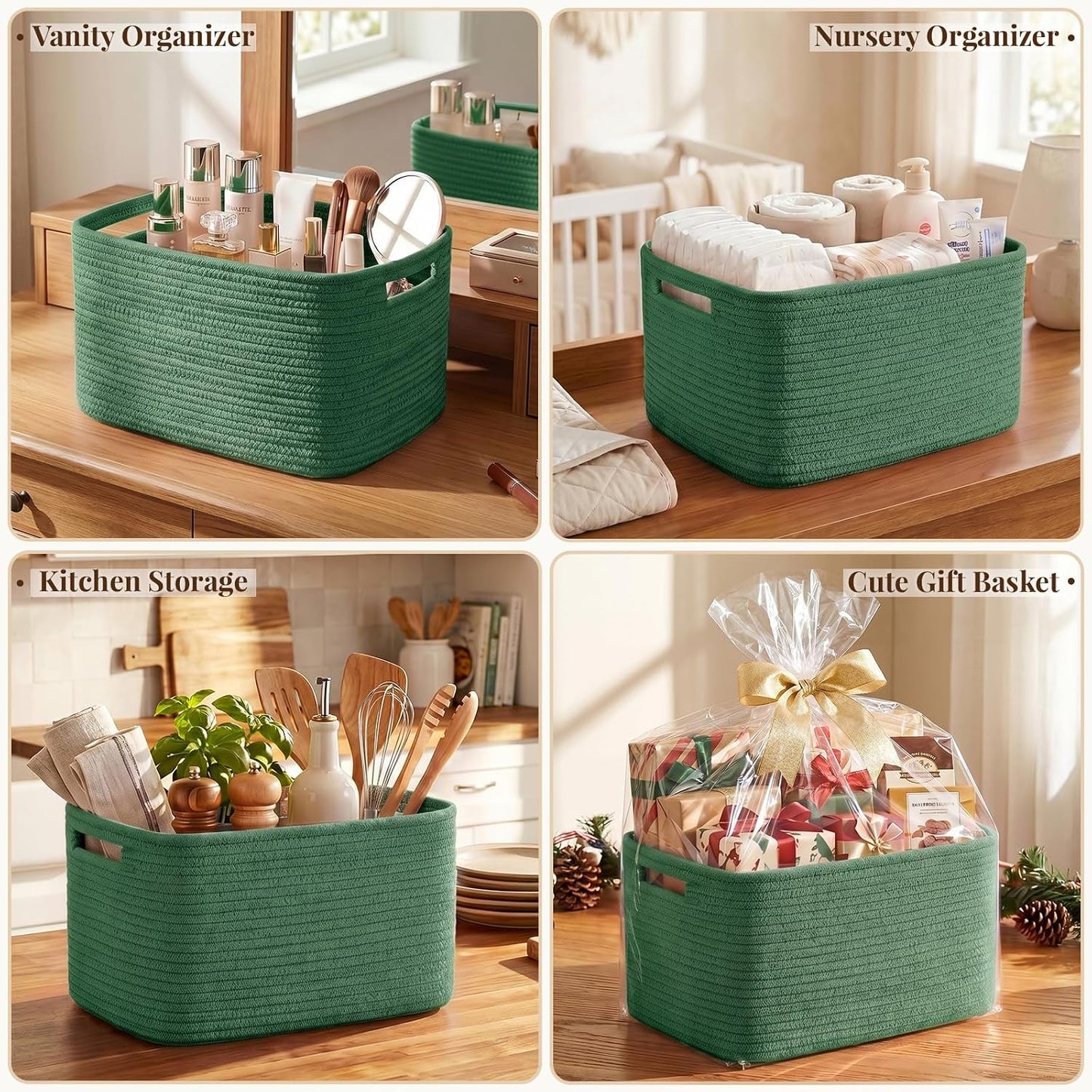 OIASKET 4Packs Natural Cotton Rope Storage Baskets for Organizing Toys, Clothes, Towels & Books, Soft Versatile Organizers for Shelves, Home Decorative Bins, 13''Lx9''Wx7.8''H, Green