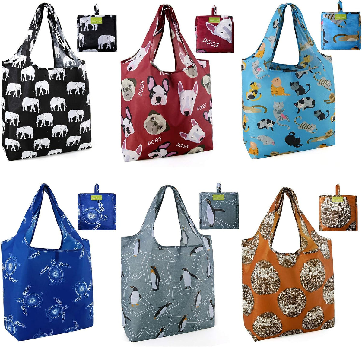 BeeGreen Heavy Duty Bulk Large Reusable Grocery Bags 6 Pack - Foldable Sturdy Recycled Cloth Animal Print Shopping Totes with Handles -Reusable Gifts Bags for Groceries, Travel, Storage & Women