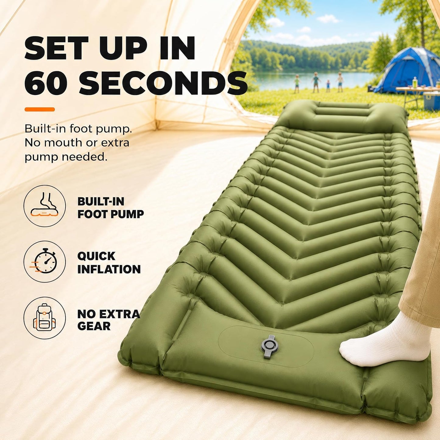 MalloMe Camping Mattress Sleeping Pad for Camping - Bed for Outdoors Self-Inflating Air Mattress for Backpacking Leak-Resistant Inflatable Travel Mat w/Foot Pump Compact Ultralight Single & Double