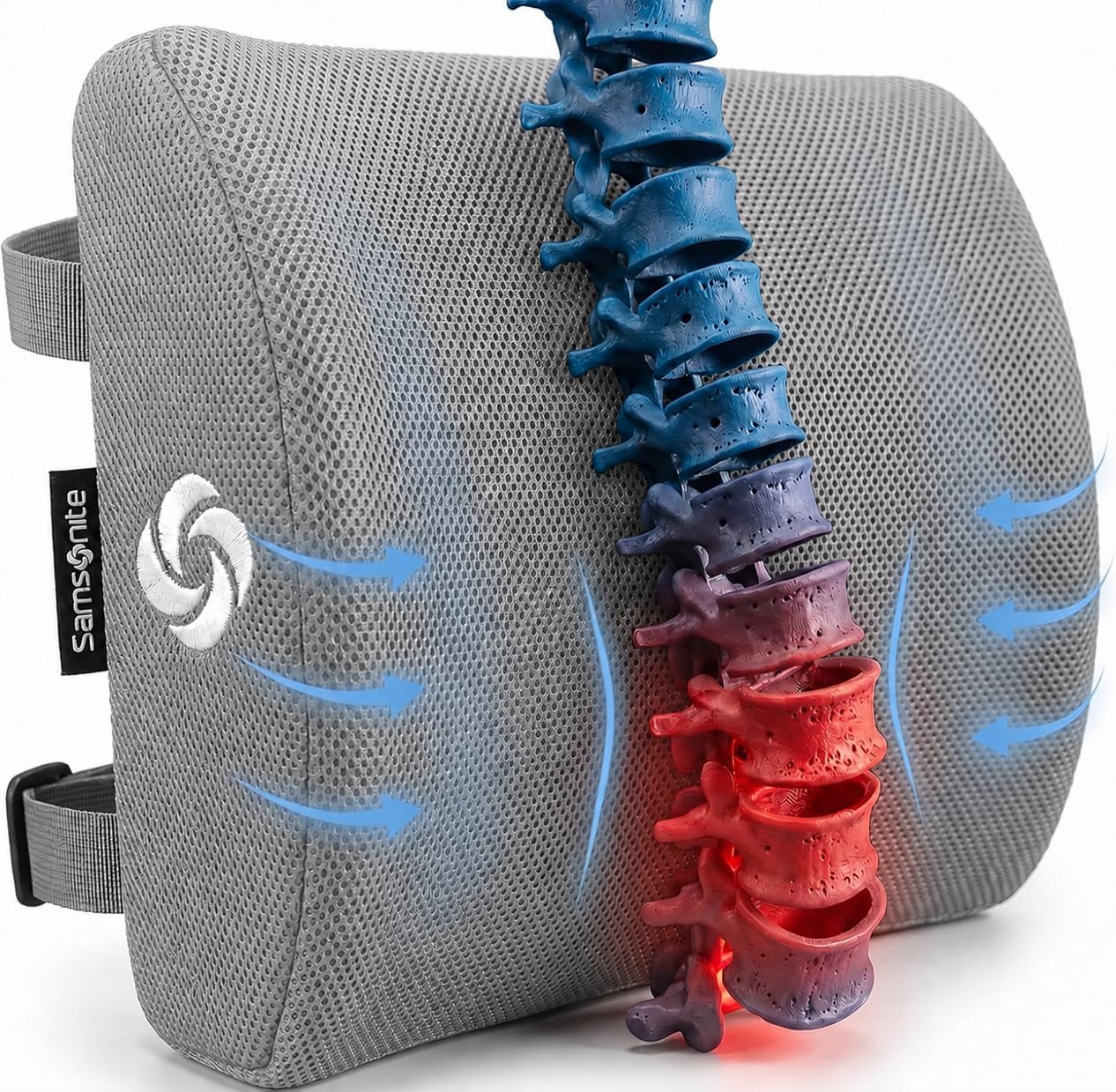 Samsonite Memory Foam Lumbar Support Pillow for Office Chair, Gaming Chair & Car Seat Automotive Use, Ergonomic Back Cushion, Work from Home Essentials, Office Essentials for Sitting Comfort, Grey