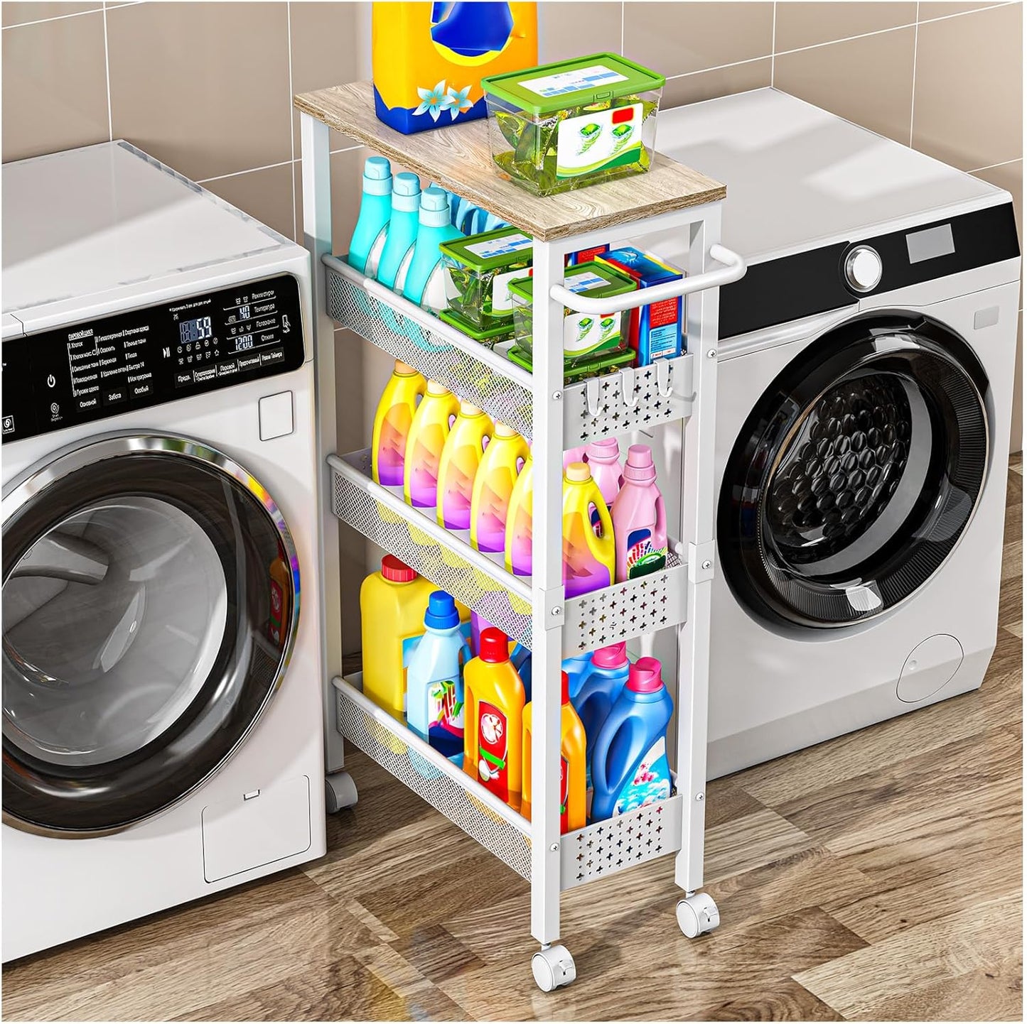 Vivihomety Utility Slim Storage Cart with Wheels, 4 Tier Small Rolling Cart with Wood Top, Metal Kitchen Bathroom Laundry Room Organization Trolley with Handle for Narrow Space - White