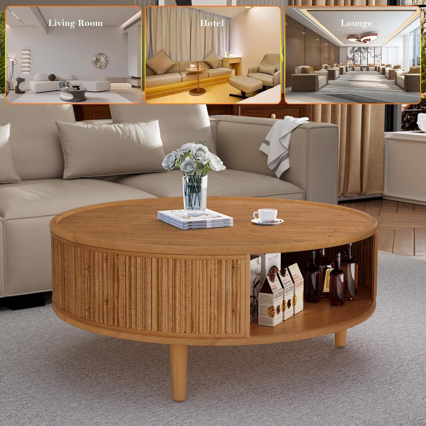 Round Coffee Table with Opening Storage Space (H Bamboo Woven 30.5in) | Farmhouse Circle Center Table for Living Room Easy to Assemble & Maintain
