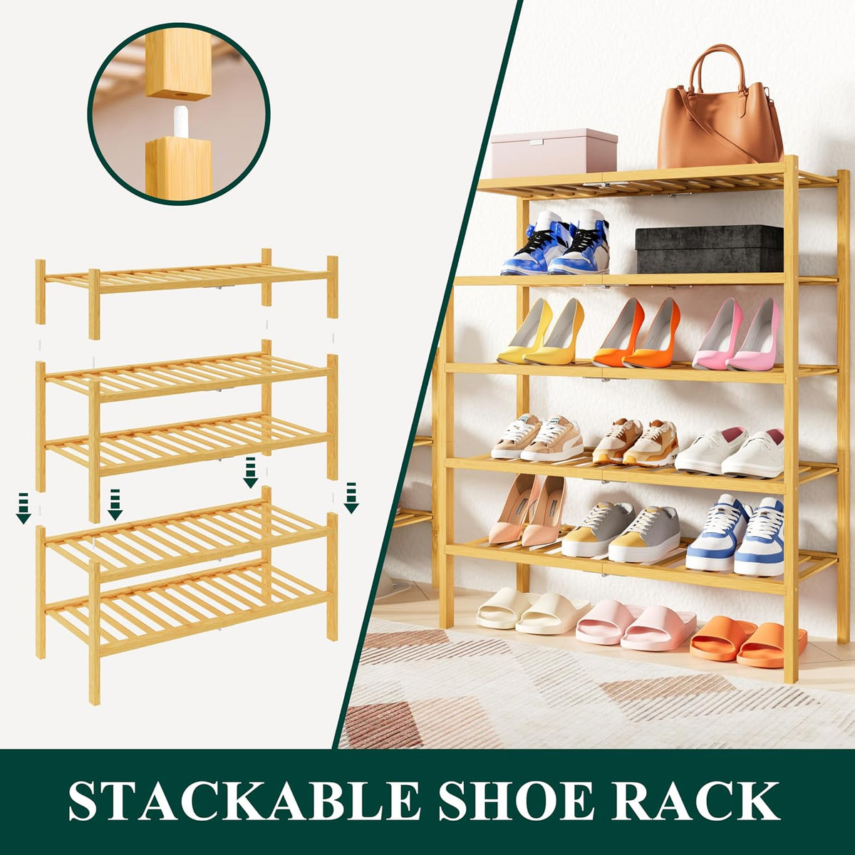 Smiry Bamboo Shoe Rack, 14 Vertical Slats, 4 Tier - 26.8" Wide, Natural