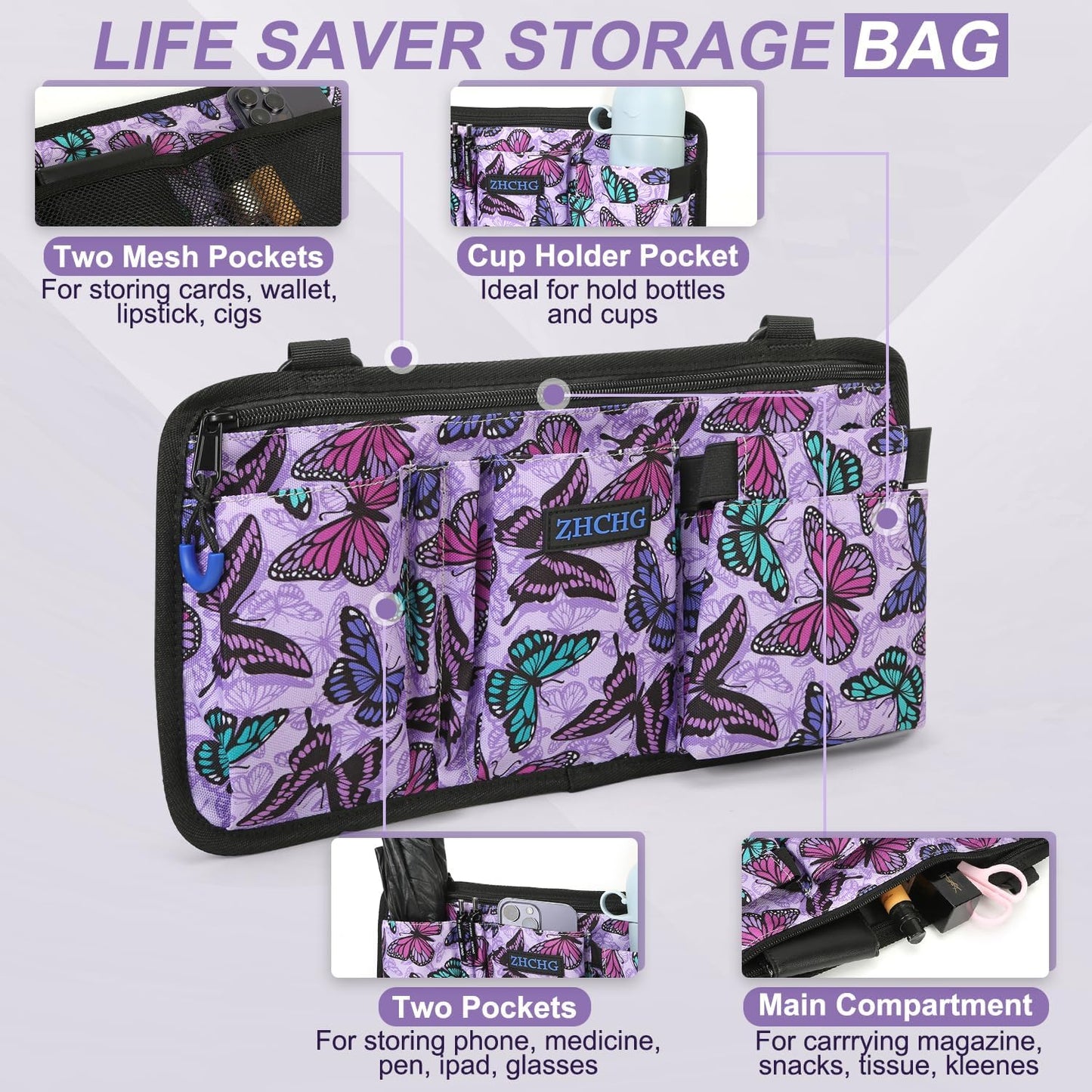 ZHCHG Wheelchair Side Bag with Cup Holder, Wheelchair Armrest Pouch Accessories for Walker, Rollator, Electric Scooter Wheelchairs, Ideal Gift for Mother's Day & Father's Day -Purple