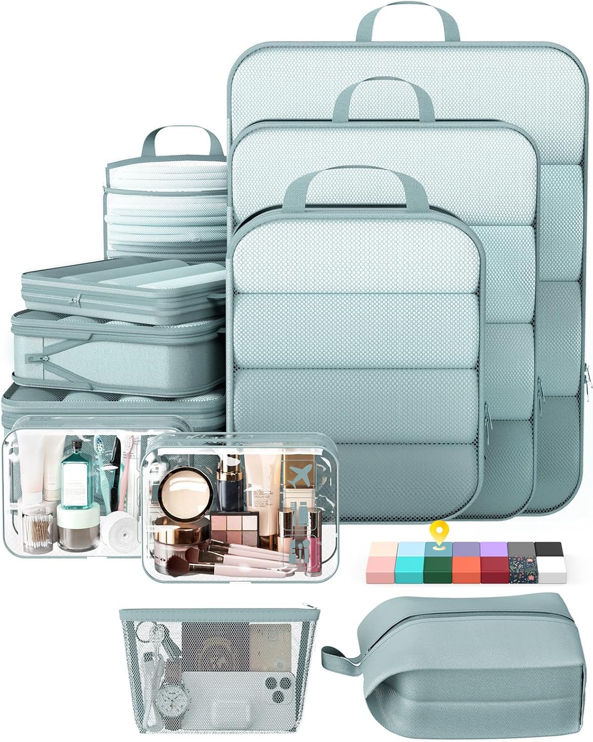 Veken 11 Set Compression Packing Cubes for Travel Essentials,Compressible Expandable Large Luggage Suitcase Organizer Bags for Clothing,Durable Space Saver Storage Bags with Toiletry Bags(Blue Gray)