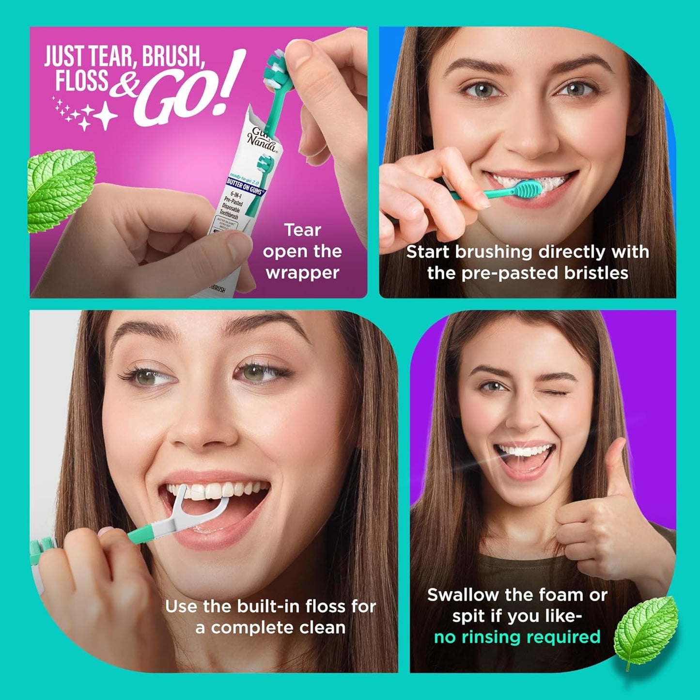 GuruNanda Mini Disposable Toothbrushes with Toothpaste, Tongue Scraper, Floss & Toothpick - 6-in-1 Ready-to-Go Prepasted Travel Toothbrush - Fluoride Free, No Rinsing, Individually Wrapped, 21 Ct
