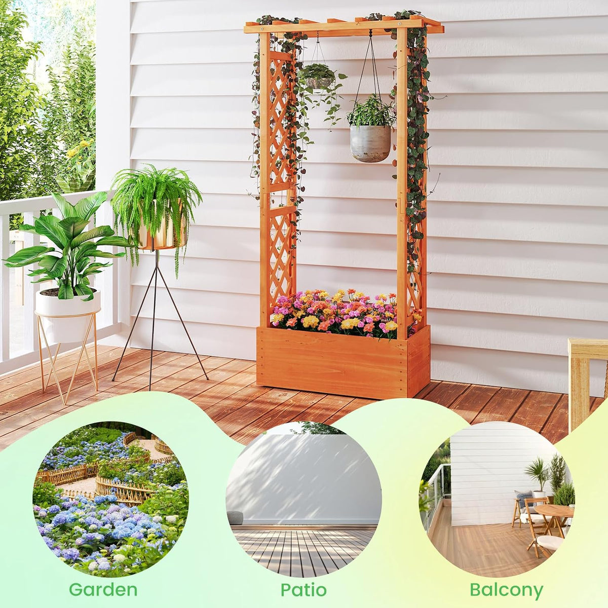 S AFSTAR Raised Garden Bed with Trellis, 2 Pieces Wood Planter Box with Hanging Roof & Drainage Holes for Climbing Plants, Vines, Flowers & Vegetables, Indoor Outdoor Plant Container for Patio & Yard
