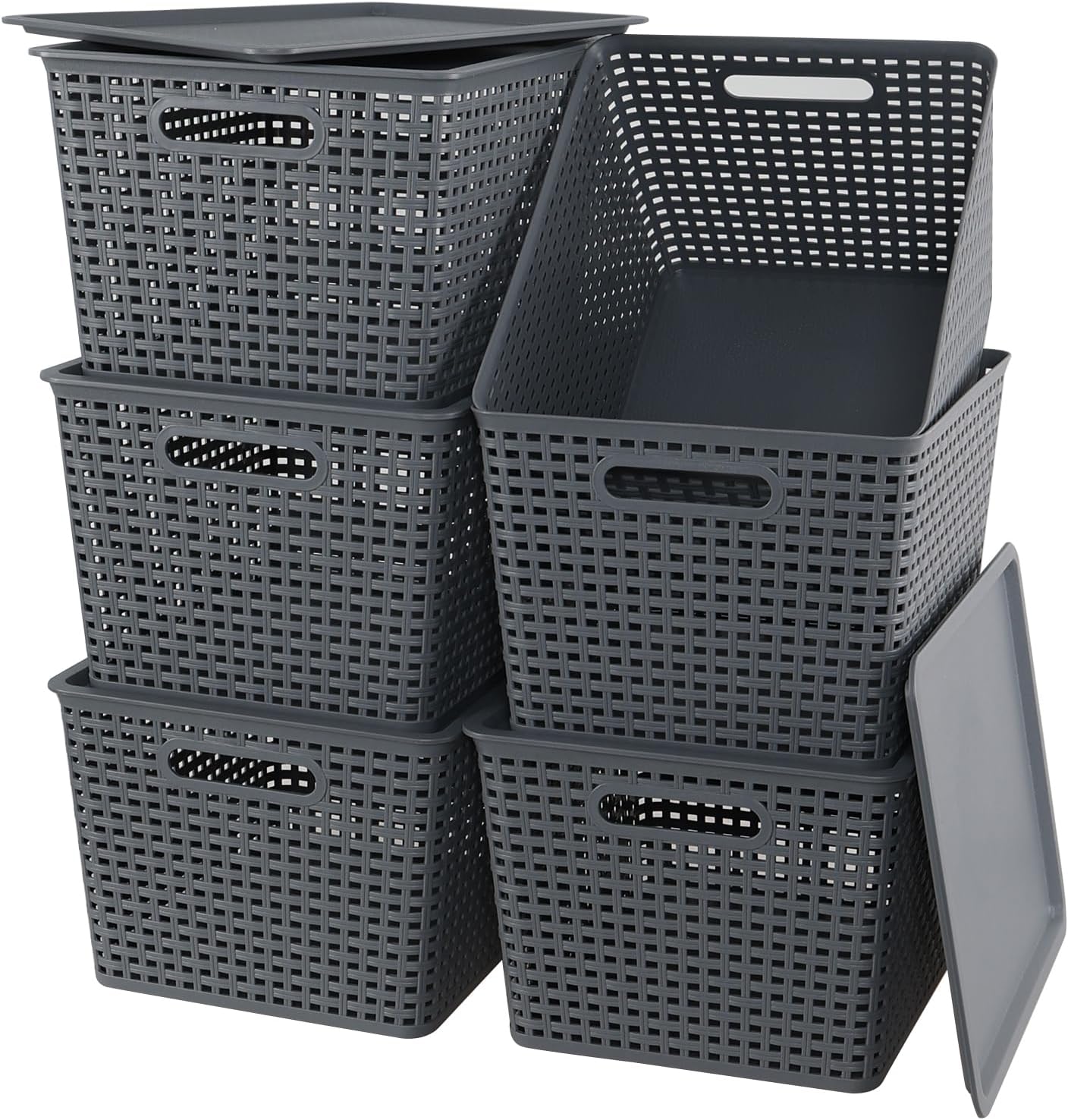 Xyskin Storage Bins with Lids, Stackable Plastic Basket Containers, 6-Pack