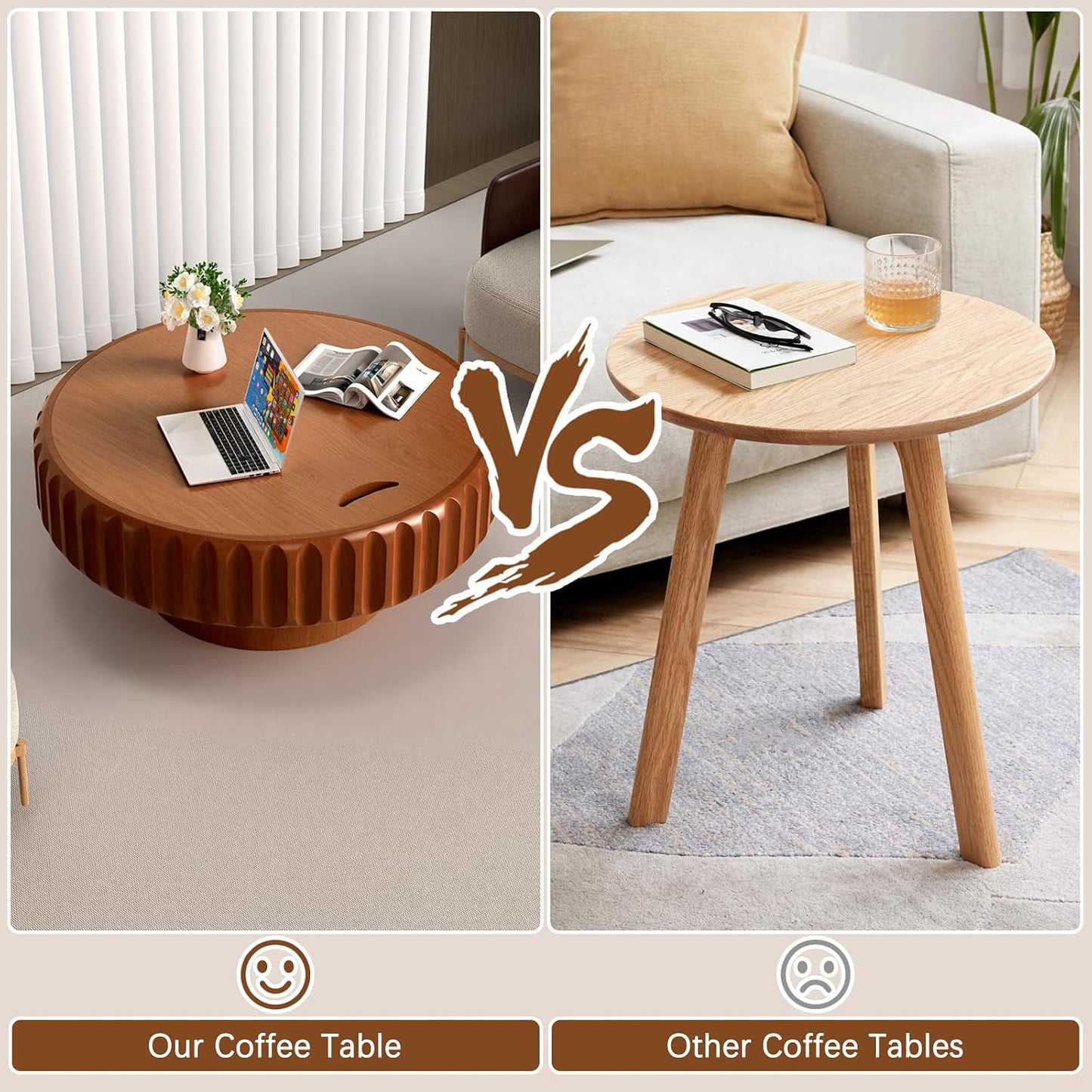 Round Coffee Table with Storage (Brown 31.5") | Handcraft Fluted Drum, Modern Circle Wooden Coffee Table, Cocktail Table for Living Room, Home Office Apartment