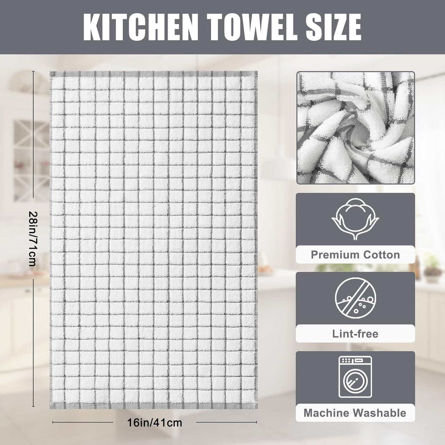 Homaxy Premium Kitchen Towels(16”x 28”, 8 Pack), Large Ring Spun Cotton Dish Towels, Super Absorbent Soft Terry Kitchen Hand Towels, Check Design Tea Towel Set with Hanging Loop, Grey