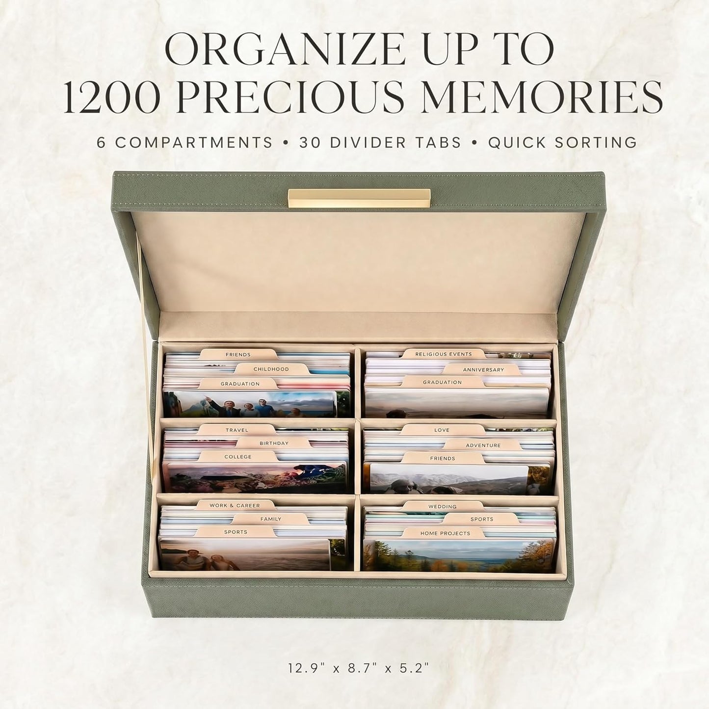 ZICOTO Decorative Photo Storage Box - Sturdy PU Leather Photo Organizer with Dividers is Perfect to Store Up to 1200 Pictures and 4x6 Photos - Portable Scrapbook Storage Containers with Lid