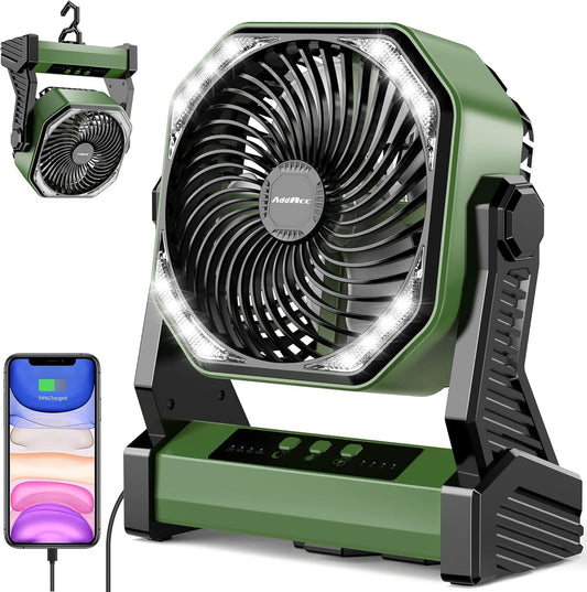 20000mAh Battery Powered Camping Fan, 58Hrs Rechargeable Portable Fan, 400LM Light, 360° Hook, Whisper Quiet Battery Operated Fan for Outdoor Car Travel Gear Essentials Power Outages Co-brand AMACOOL