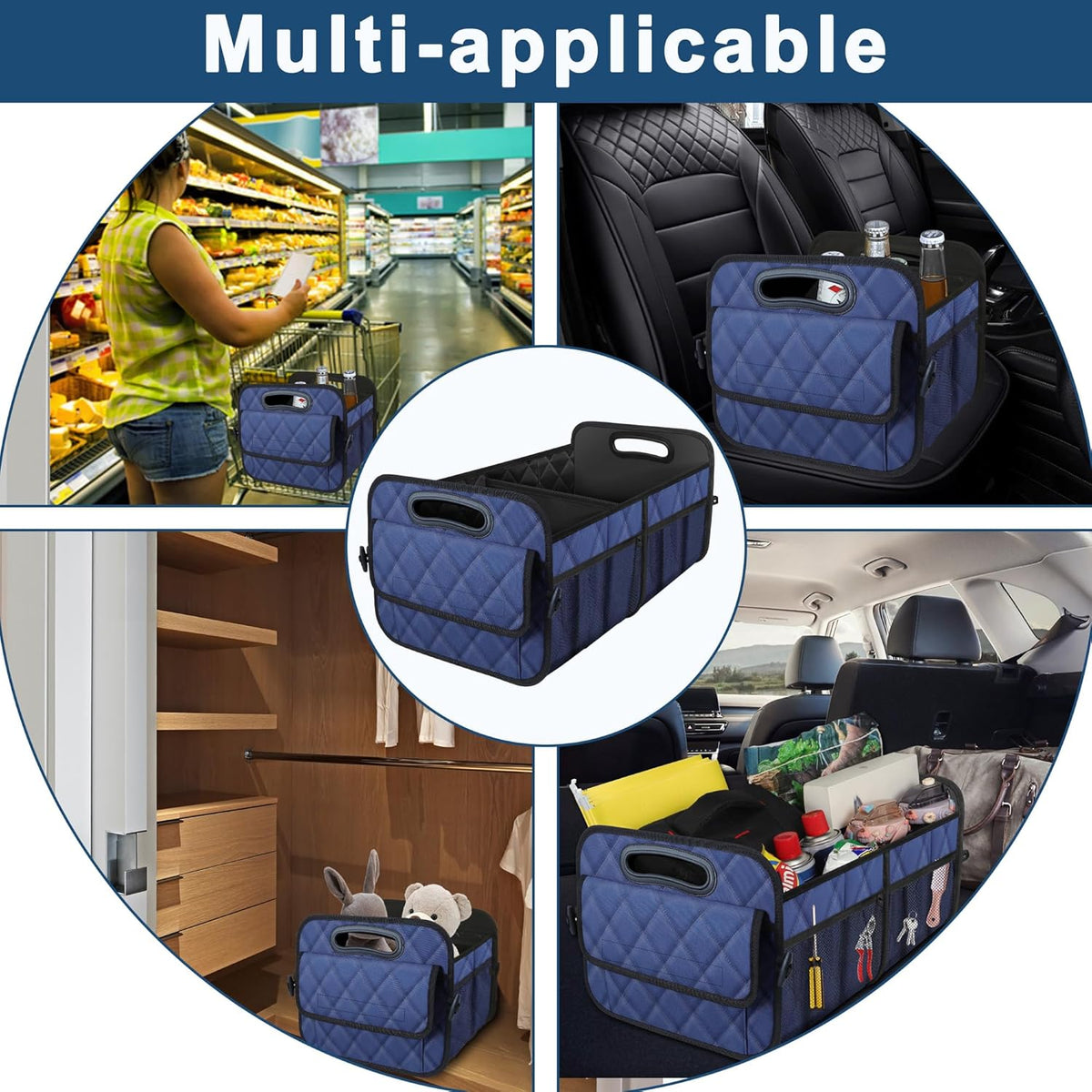 Deosk Car Trunk Organizer for SUV, Car Organizers and Storage with Reinforced Handles, Car Accessories for Women/Men 50L Waterproof Polyester Trunk Organizer(Medium, Dark Blue)