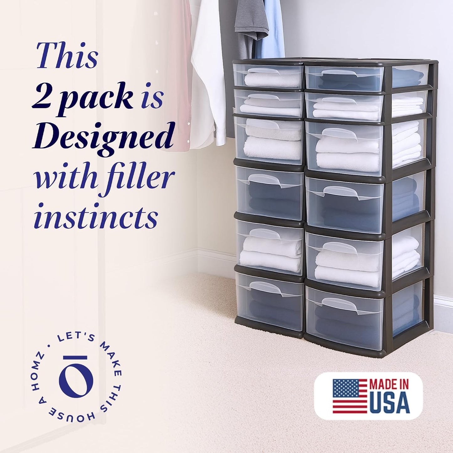 HOMZ 2-Pack Drawer Tower, 6-Tier Clear Plastic Storage Organizer Cart, Black Frame - Organizing Containers for Home, Office, Bathroom, Bedroom, and Classroom