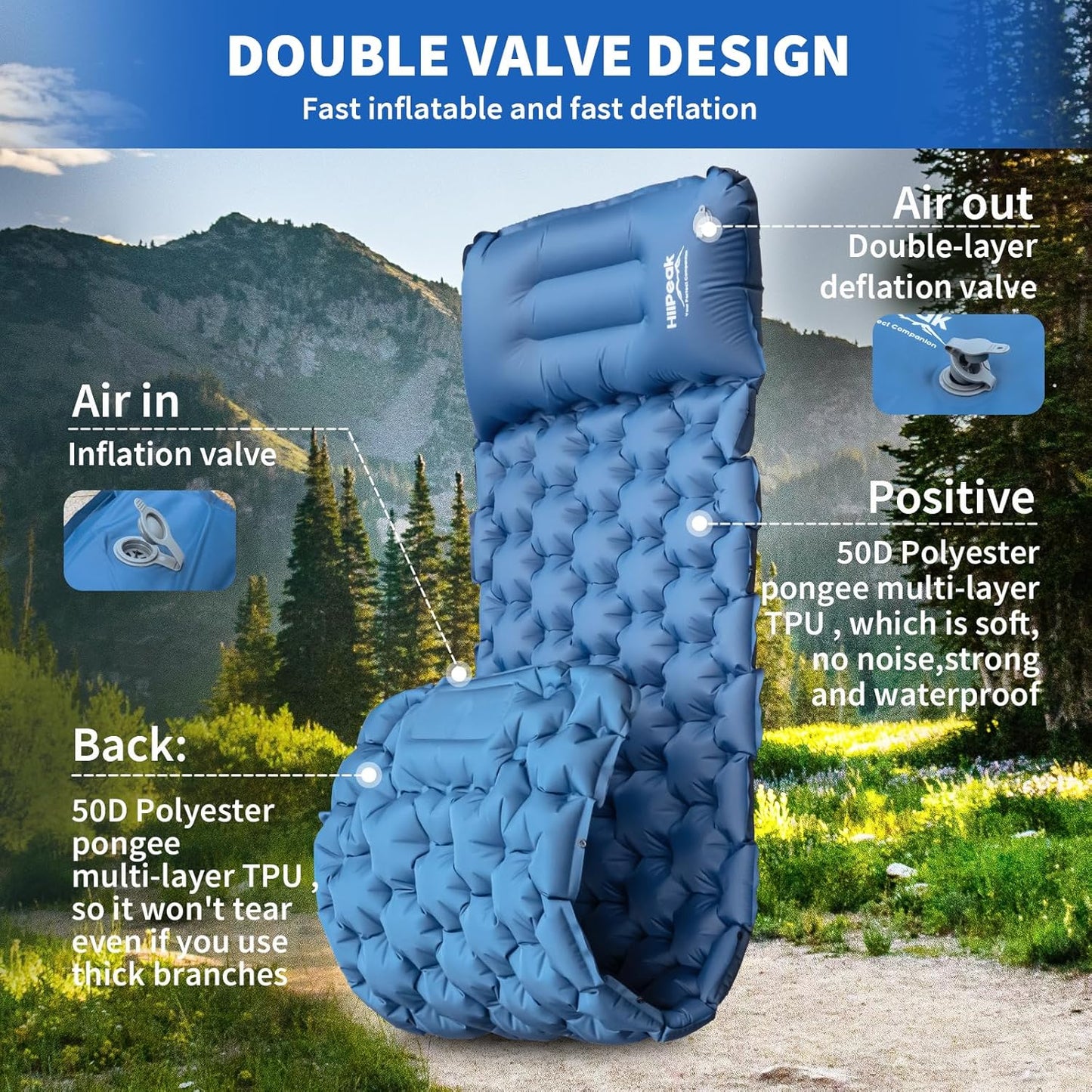 HiiPeak Sleeping Pad for Camping- Ultralight Inflatable Sleeping Mat with Built-in Foot Pump & Pillow, Upgraded Compact Camping Air Mattress for Tent, Backpacking, Hiking