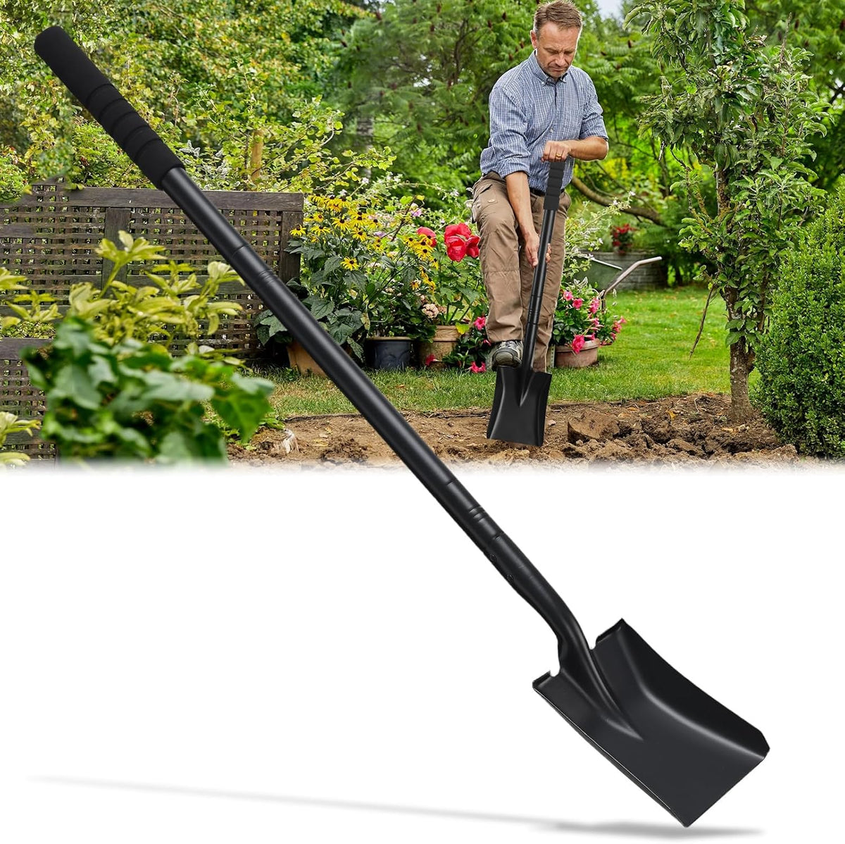 Small Square Point Garden Metal Shovels, 43.3" Long Handled Small Flat Head Garden Spade Shovel for Digging Planting Trenching Landscaping Outdoor Camping & Kids Sand Digging, Black