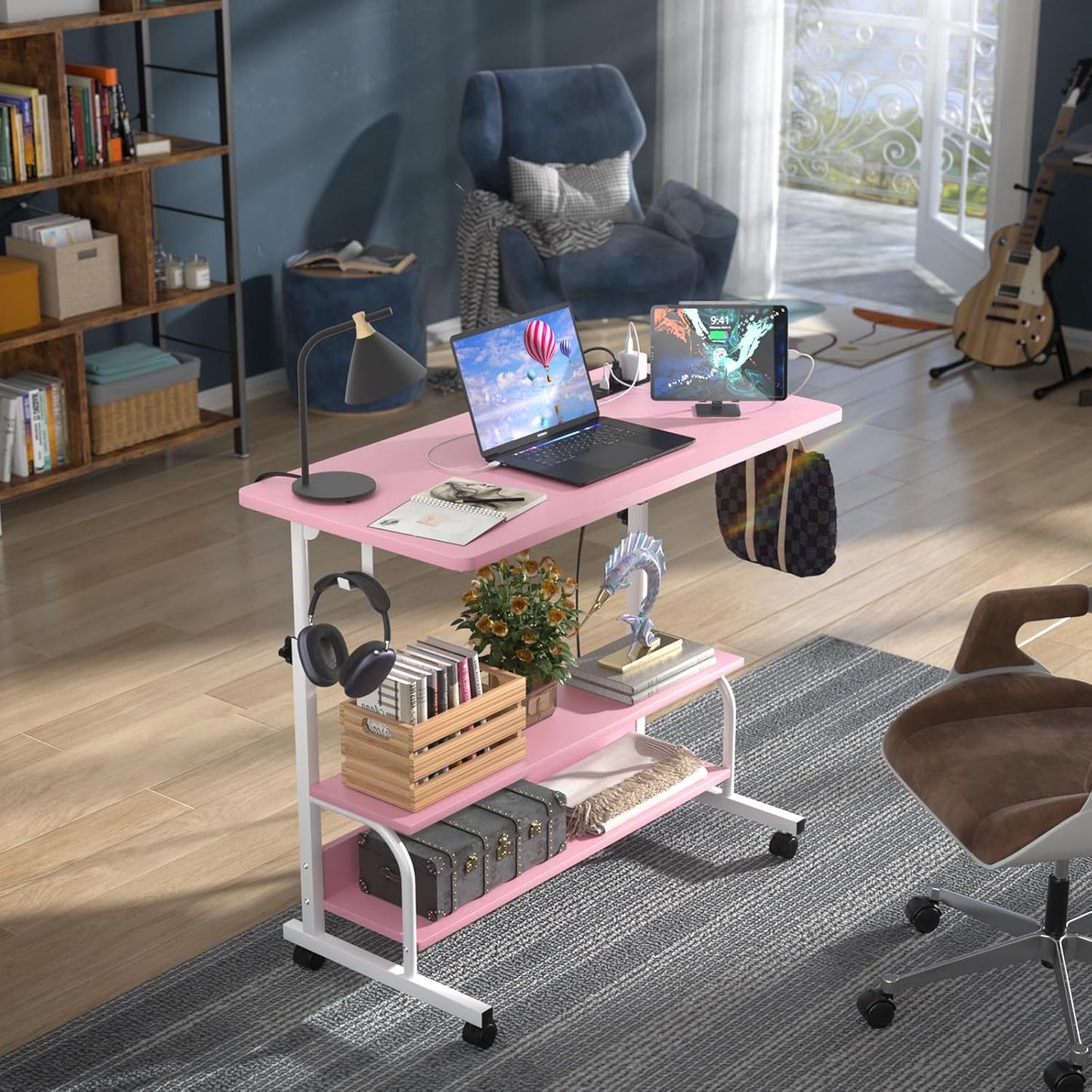Armocity Rolling Standing Desk with Charging Station, Portable Height Adjustable Mobile Computer Desk with Wheels & 2-Tier Shelves & Hooks, Easy Assembly Laptop Table for Couch Bed, 32" Pink