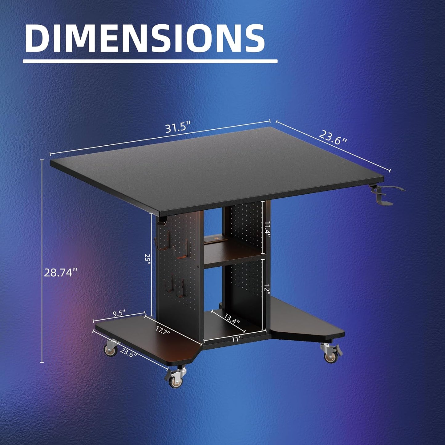 Pamray Small Rolling Gaming Desk with Led Lights Power Outlets and Storage Pegboard, Small Spaces Compact PC Computer Table Balck