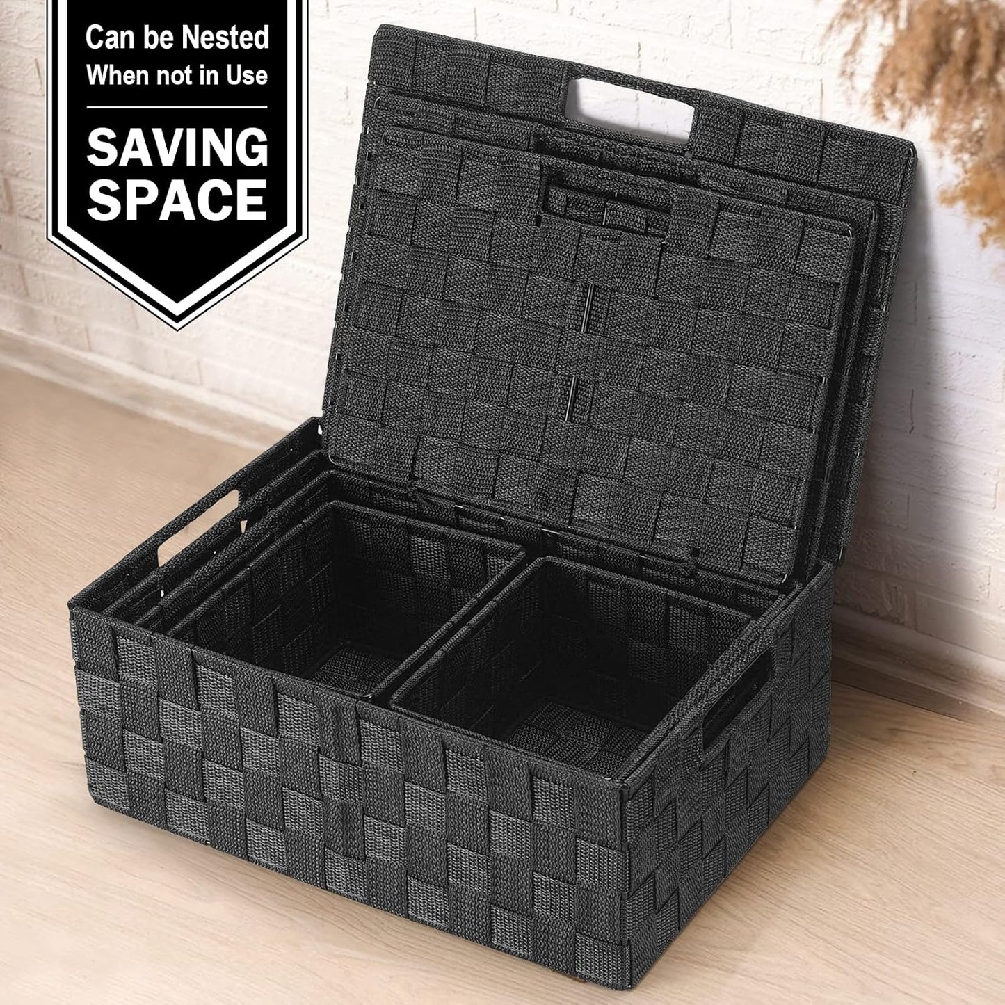Storage Baskets with Lids: 5 Pack Stackable Woven Storage Bins, Black