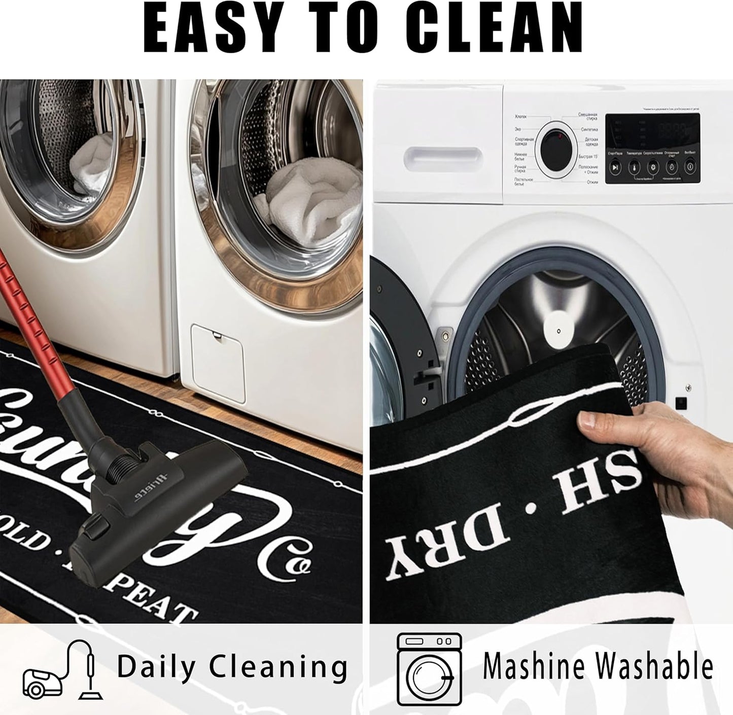 Laundry Room Rug Runner 20"X49" TPR Non Slip Farmhouse Laundry Rugs for Laundry Room Decor Washable Runner Rugs for Kitchen Floor Mudroom and Bathroom-Black
