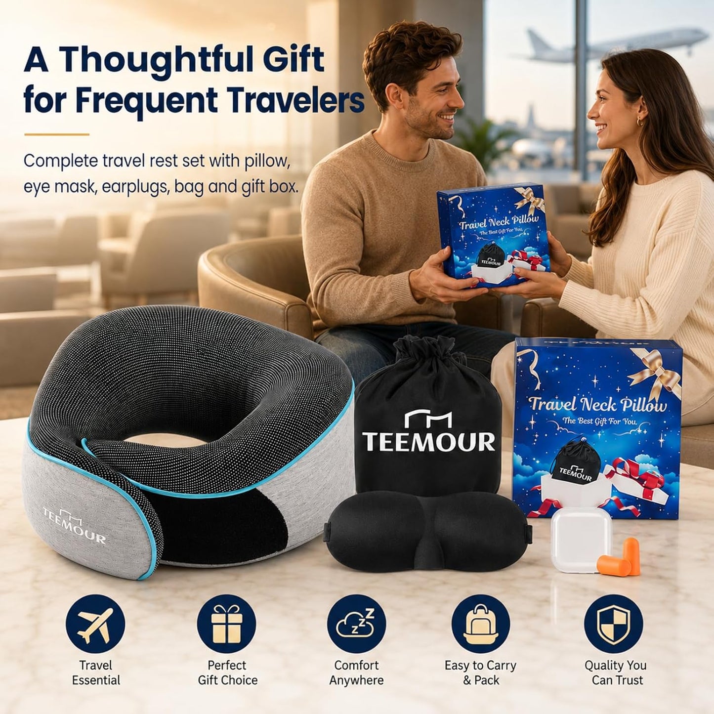 Travel Pillow-Neck Pillows for Airplanes, Memory Foam Travel Neck Pillow for Long Flights|Airport Travel Essentials 360° Support Gifts for Travellers With Eye Mask & Earplugs, Portable Carry Bag