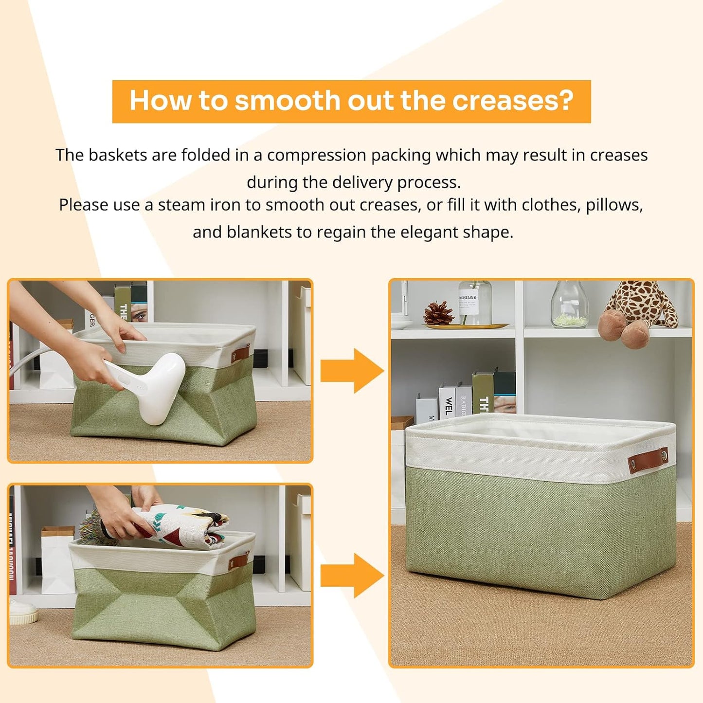 DULLEMELO Fabric Storage Bin for Laundry, Home, Foldable Storage Basket for Shelves, Toys, Collapsible Storage Basket Bin for Office, Closet,Bedroom(White&Green)