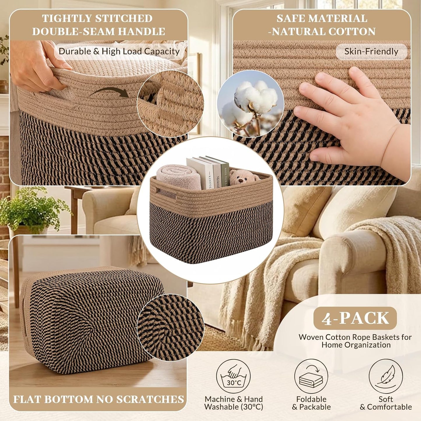 OIAHOMY 4 Pack Storage Basket, 13"x9"x7.8" Cotton Rope Baskets for Shelves, Closet Organizer for Bedroom & Living Room, Soft Decorative Bins for Organizing Towels, Books & Toys, Brown & Black