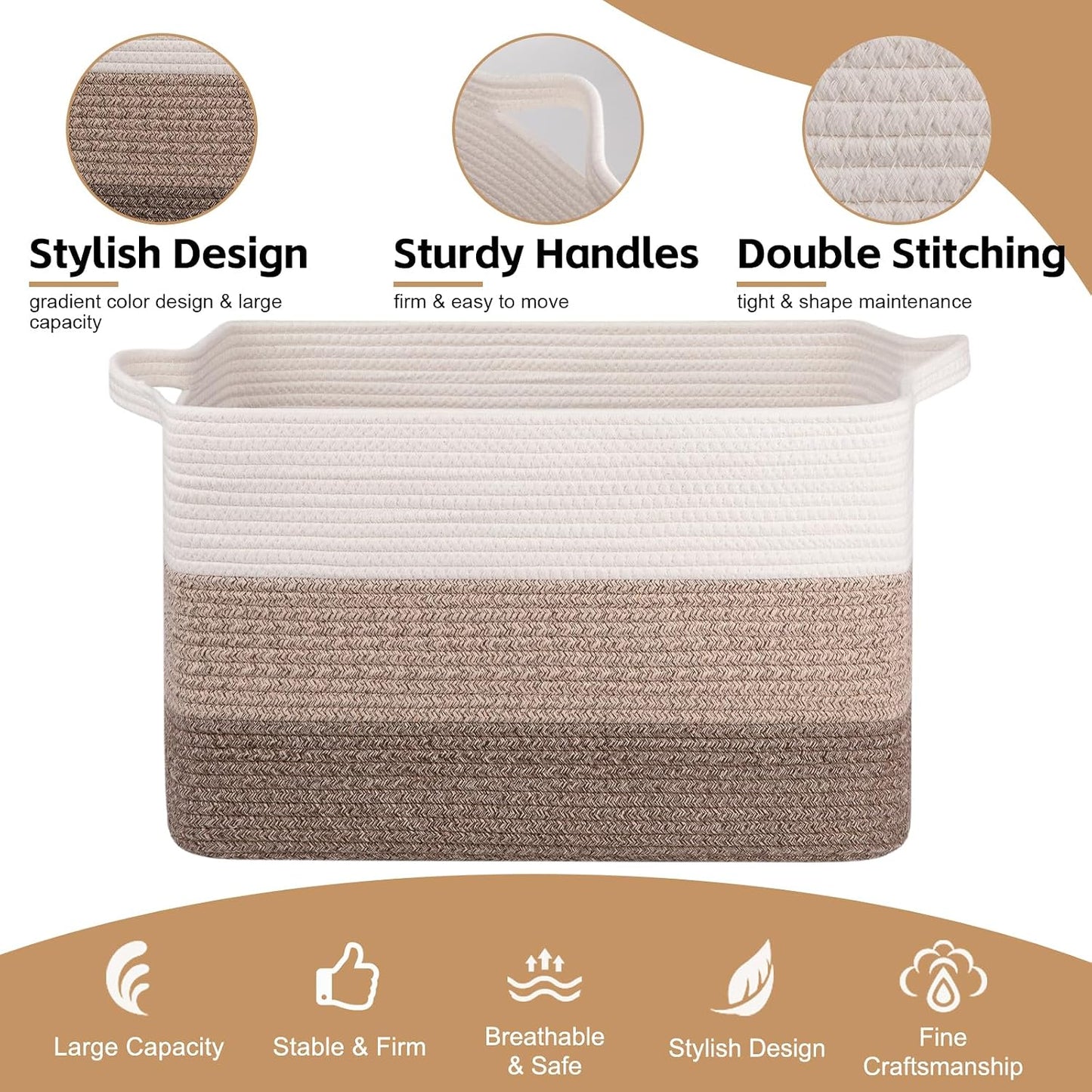 OIAHOMY Extra Large Blanket Basket, 95L Woven Storage Basket, Cotton Rope Toy Bin for Baby Room, Container for Storage in Living Room, 24''×17''×14'', Gradient Brown
