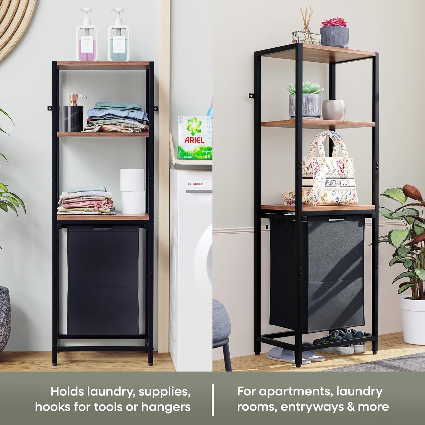 Tilt-Out Laundry Hamper with Shelf – 3 Tier Laundry Organizer with Waterproof Fabric Bin | Freestanding Storage Cabinet with Hooks for Bathroom & Bedroom