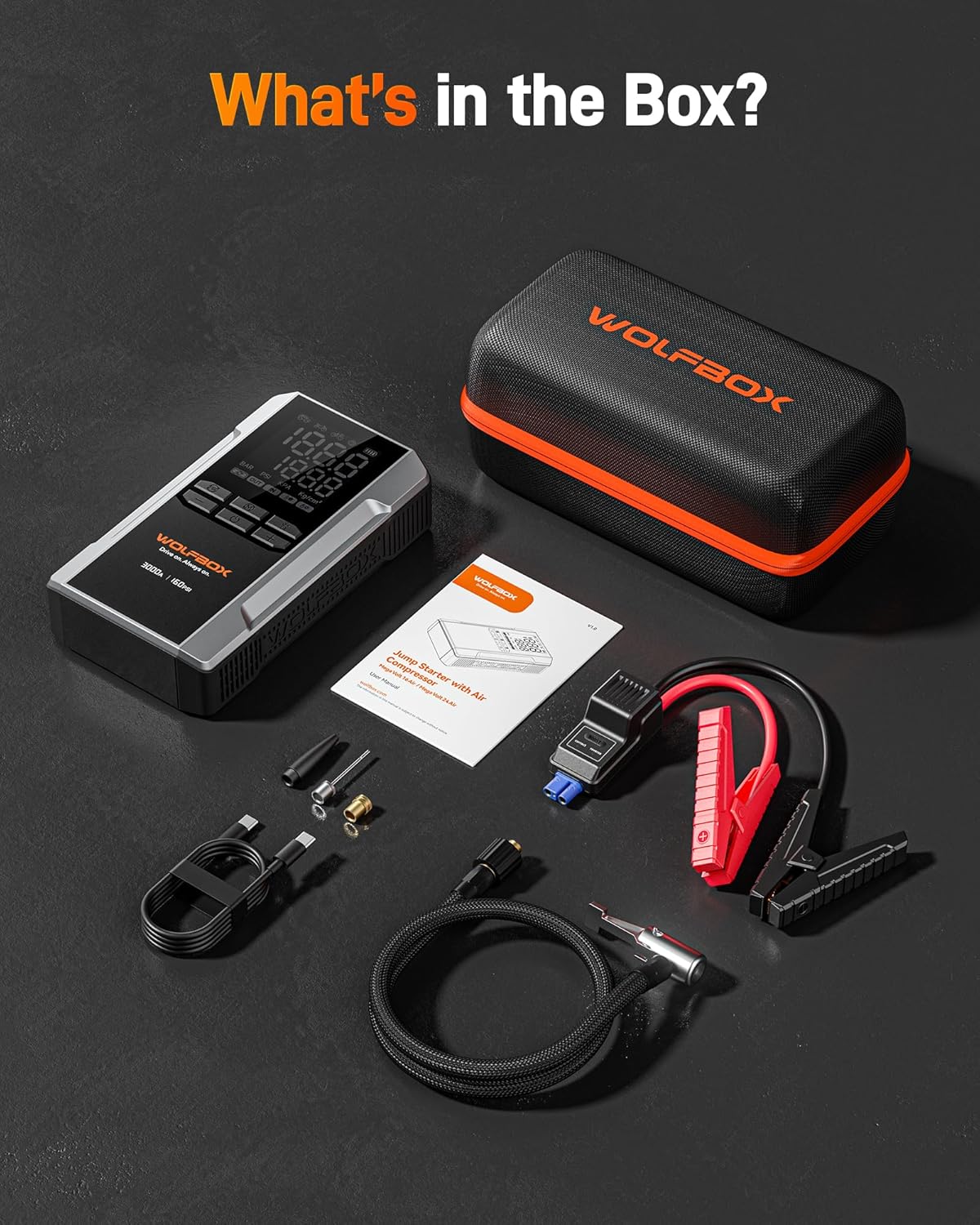 WOLFBOX 3000A Jump Starter with Air Compressor, 59.2Wh&160PSI Portable Car Battery Jump Starter with 65W Fast Charging, 12V Battery Pack (8L Gas 6L Diesel Engine) with Boost, Light and Jumper Cables