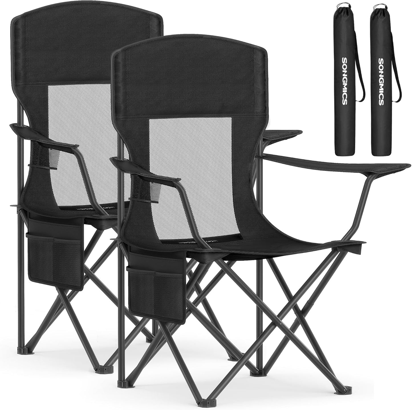 SONGMICS 2 Pack Breathable Camping Chairs, 330 lb Capacity Foldable Outdoor Chairs, High Back, Adjustable Armrests & Cup Holder, for Sports Garden Backyard, Ink Black UGCB028B02