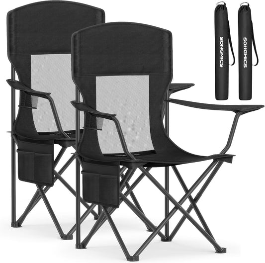 SONGMICS 2 Pack Breathable Camping Chairs, 330 lb Capacity Foldable Outdoor Chairs, High Back, Adjustable Armrests & Cup Holder, for Sports Garden Backyard, Ink Black UGCB028B02