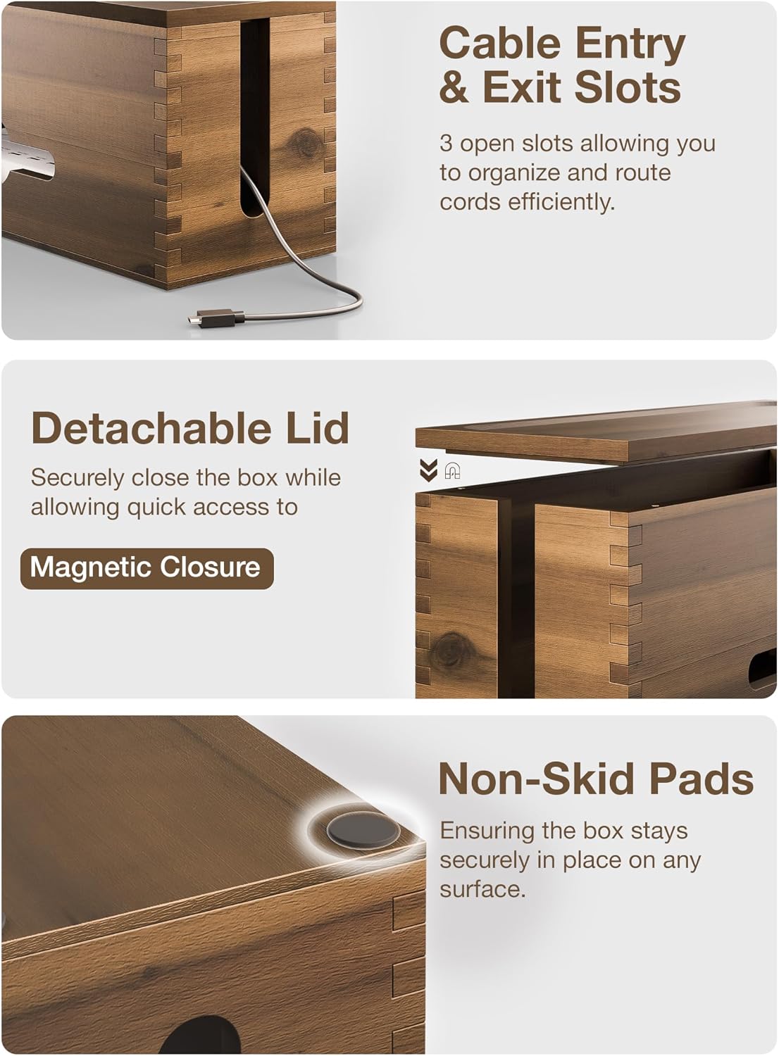 TIDITA Acacia Large Cable Management Box - 15" L Cord Box Hider, Power Strip Box for Office - Cable Hider Box, Surge Protector Box - Wire Box Hider for Desk - 3 Open Slots, Magnetic Lid (Walnut color)