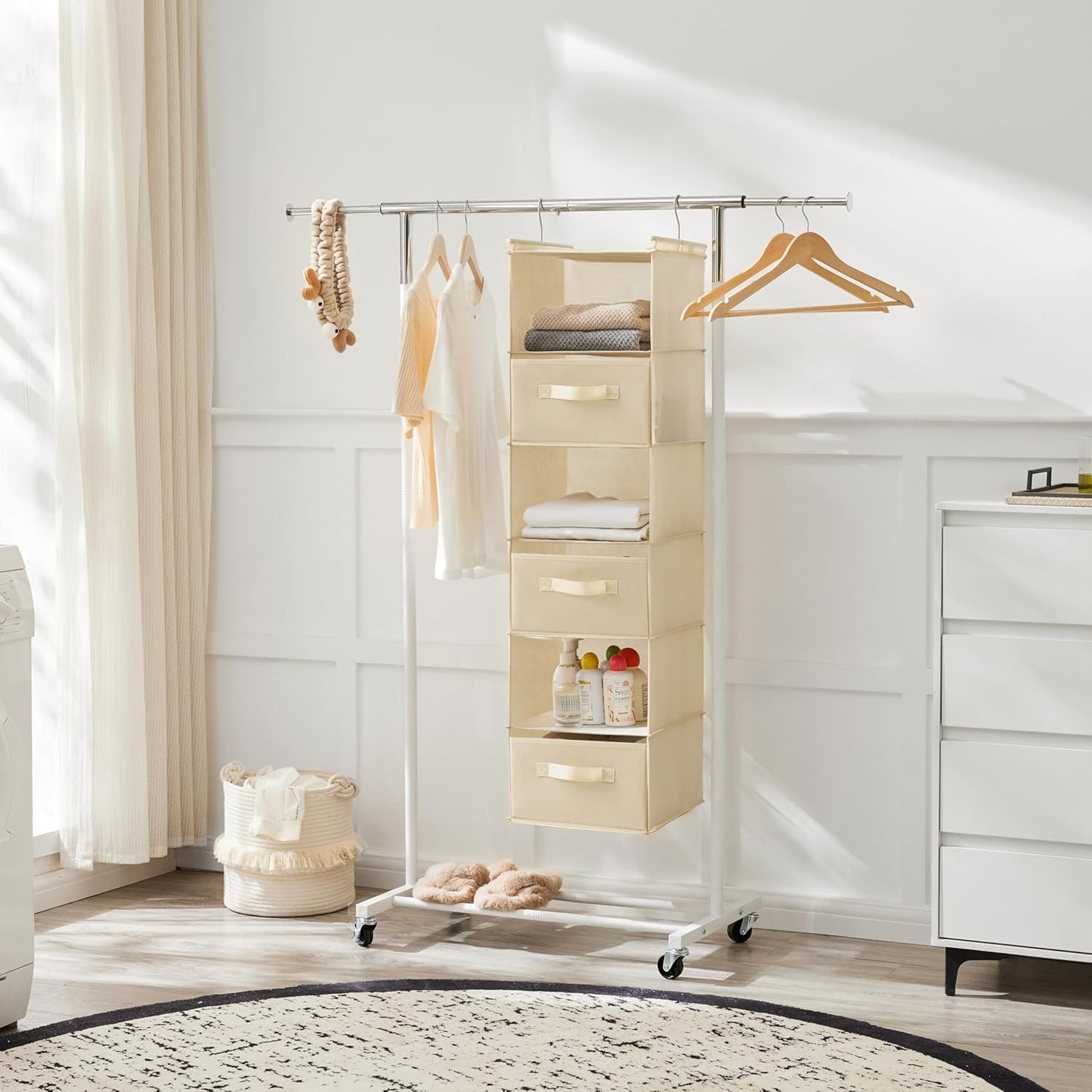 MAX Houser 6 Tier Shelf Hanging Closet Organizer, Closet Hanging Shelf with 2 Sturdy Hooks for Storage, Foldable (Beige-D3)