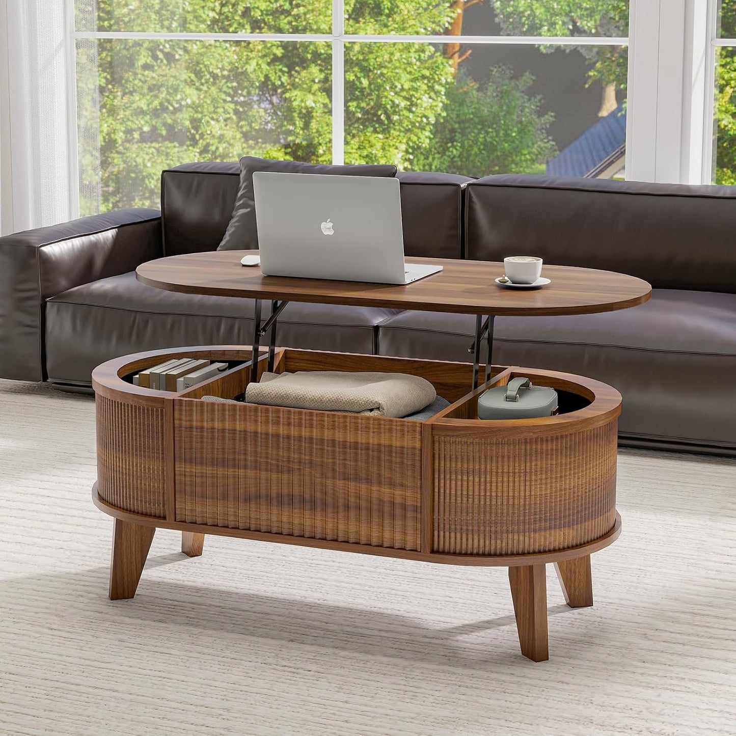 LYNCOHOME 43.3'' Fluted Lift Top Coffee Table with Storage,Modern Oval Coffee Table for Living Room or Home Office（Walnut）